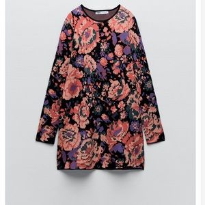 EUC ZARA FLORAL PRINTED KNIT JACQUARD LONG SLEEVE MINI SWEATER DRESS SZ S